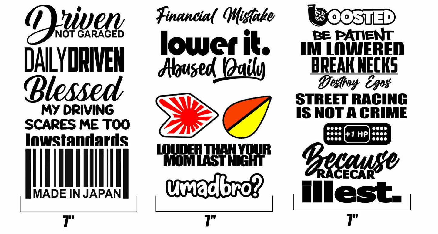 10 random Tuner Car Sticker Decal Mega Pack - JDM Wholesale KDM Choose Color