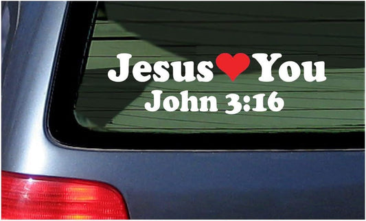 Jesus Loves You John 3:16 Car Window Sticker Letters and Red Heart Vinyl 7"