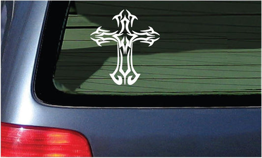 Religious Christian Tribal Cross 5 Inch White Vinyl Decal Sticker
