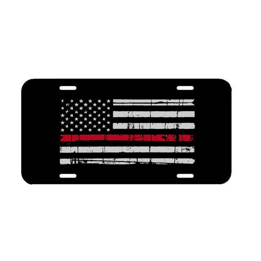 Tattered Red Flag Front License Plate Frame - Fire Fighter Cover Car Truck SUV