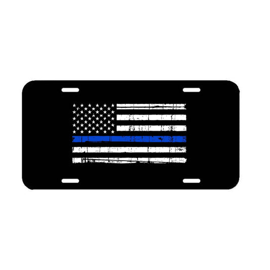 Tattered Blue Line Flag Front License Plate Frame -Police Thin Blue line Cover Car Truck SUV