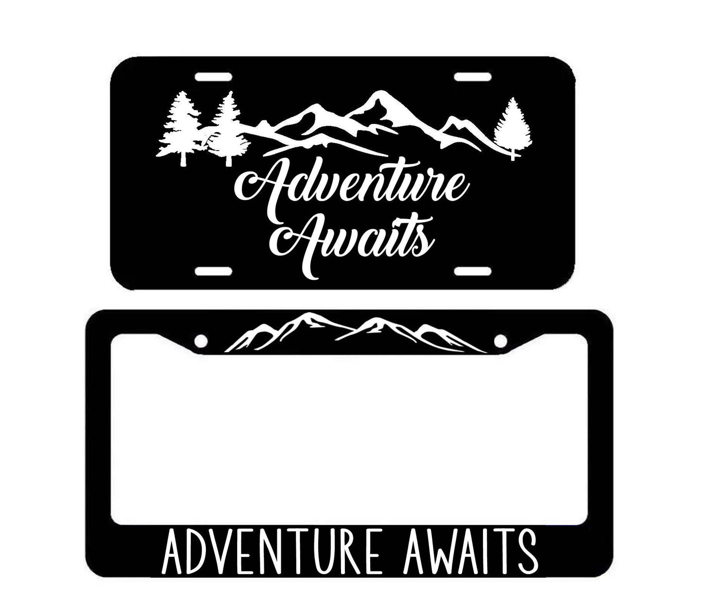Adventure Awaits Car Plate Frame - Mountains Hiker Hiking Car Truck Suv